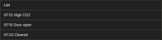 A list widget showing alarm entries from the zone1 alarms topic