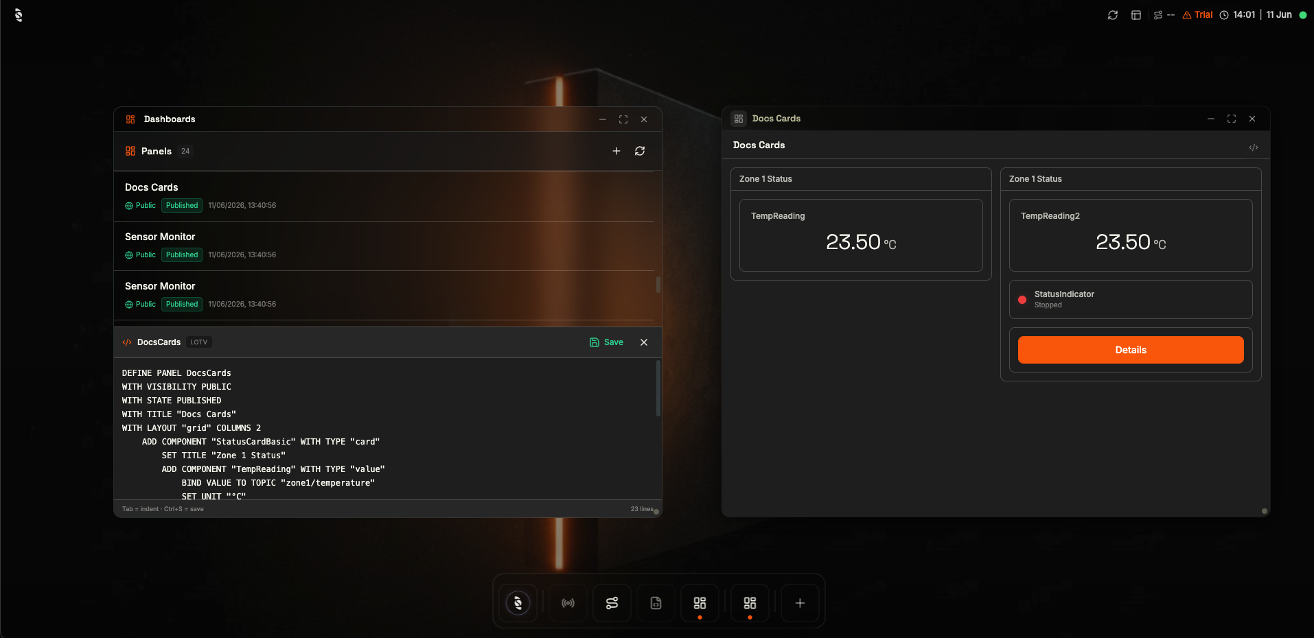 The Coreflux HUB Dashboard Manager showing a panel's LoT definition next to the rendered live panel