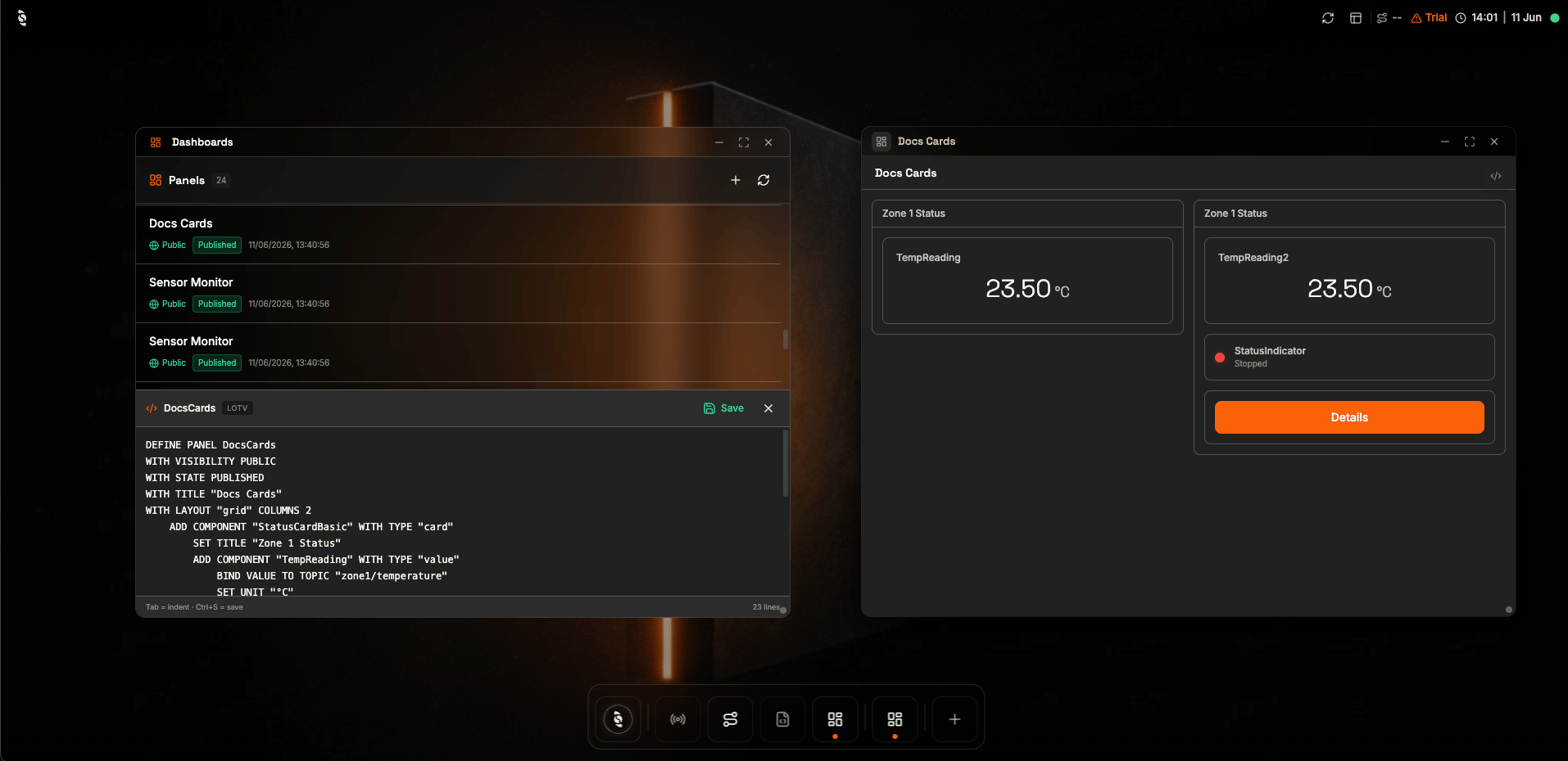 The Coreflux HUB Dashboard Manager showing a panel's LoT definition next to the rendered live panel