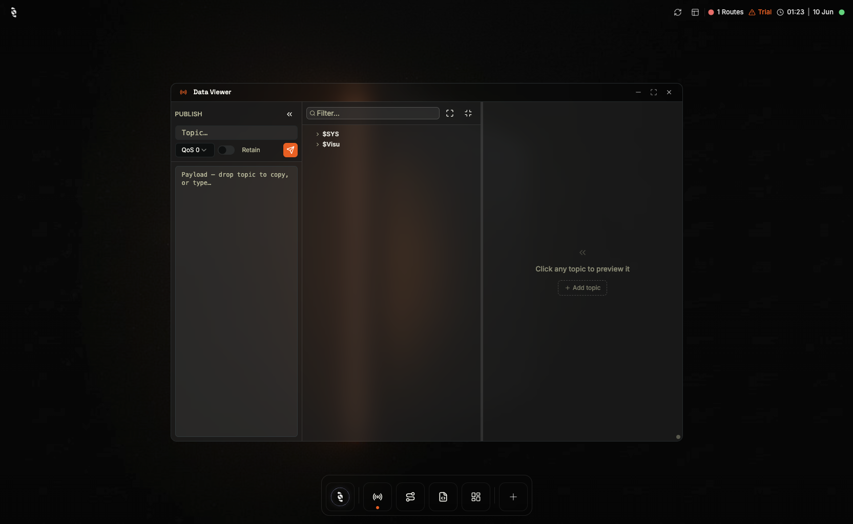 Coreflux HUB Data Viewer showing the publish panel on the left and the topic tree with the sensor and machine topics