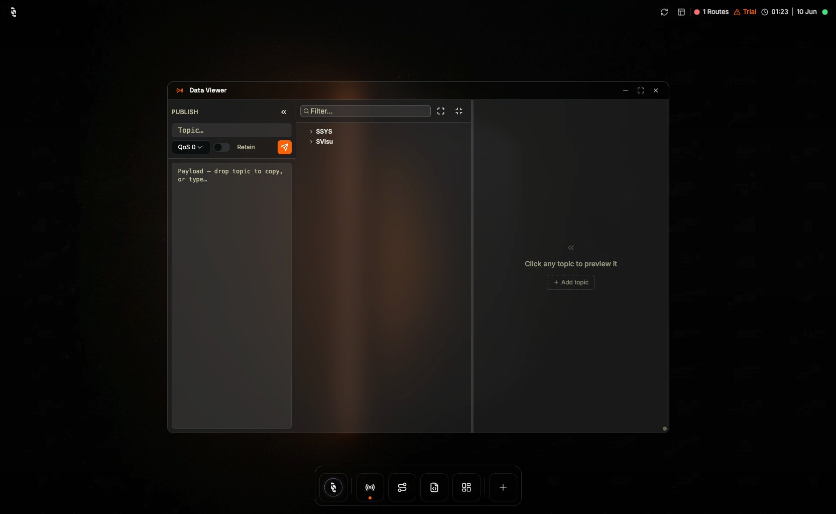 Coreflux HUB Data Viewer showing the publish panel on the left and the topic tree with the sensor and machine topics