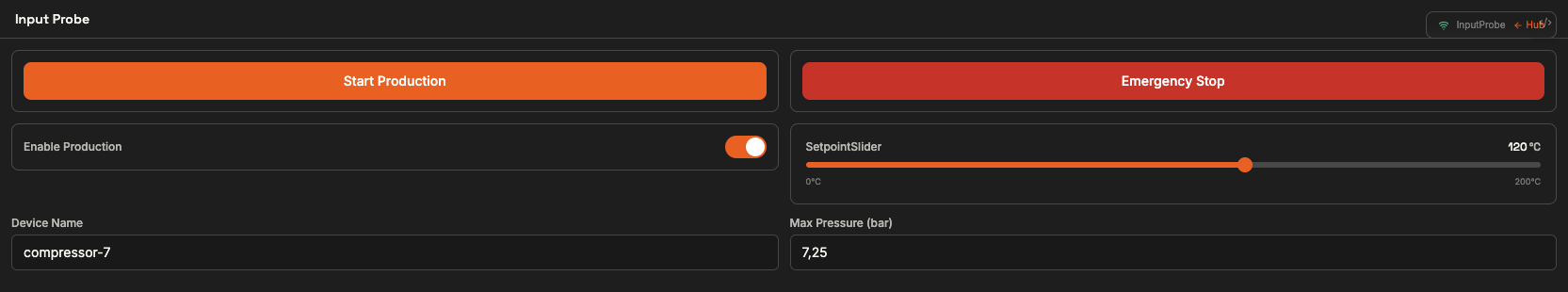 A two-column operator panel with Start and Emergency Stop buttons, an Enable Production toggle, a setpoint slider, and device name and pressure fields