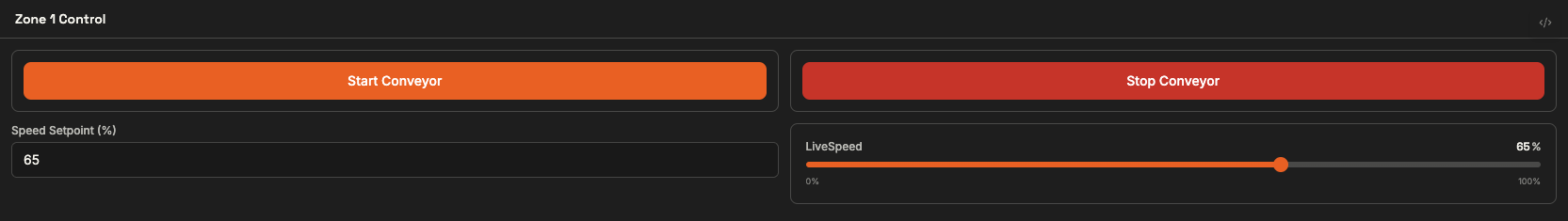 A two-column operator panel with Start and Stop Conveyor buttons, a speed setpoint number field, and a conveyor speed slider