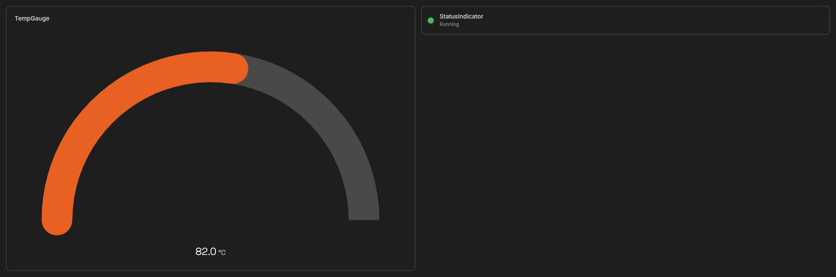 A dashboard with a temperature gauge reading 82 °C and a green running status indicator