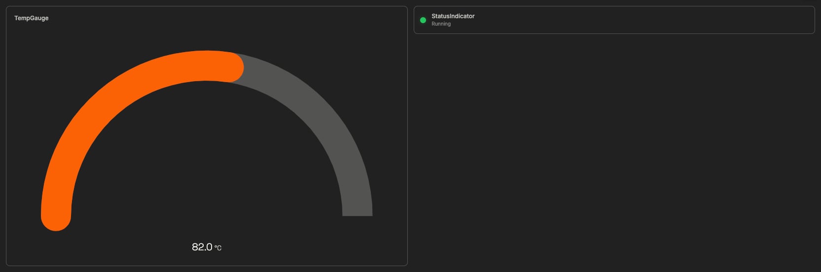 A dashboard with a temperature gauge reading 82 °C and a green running status indicator