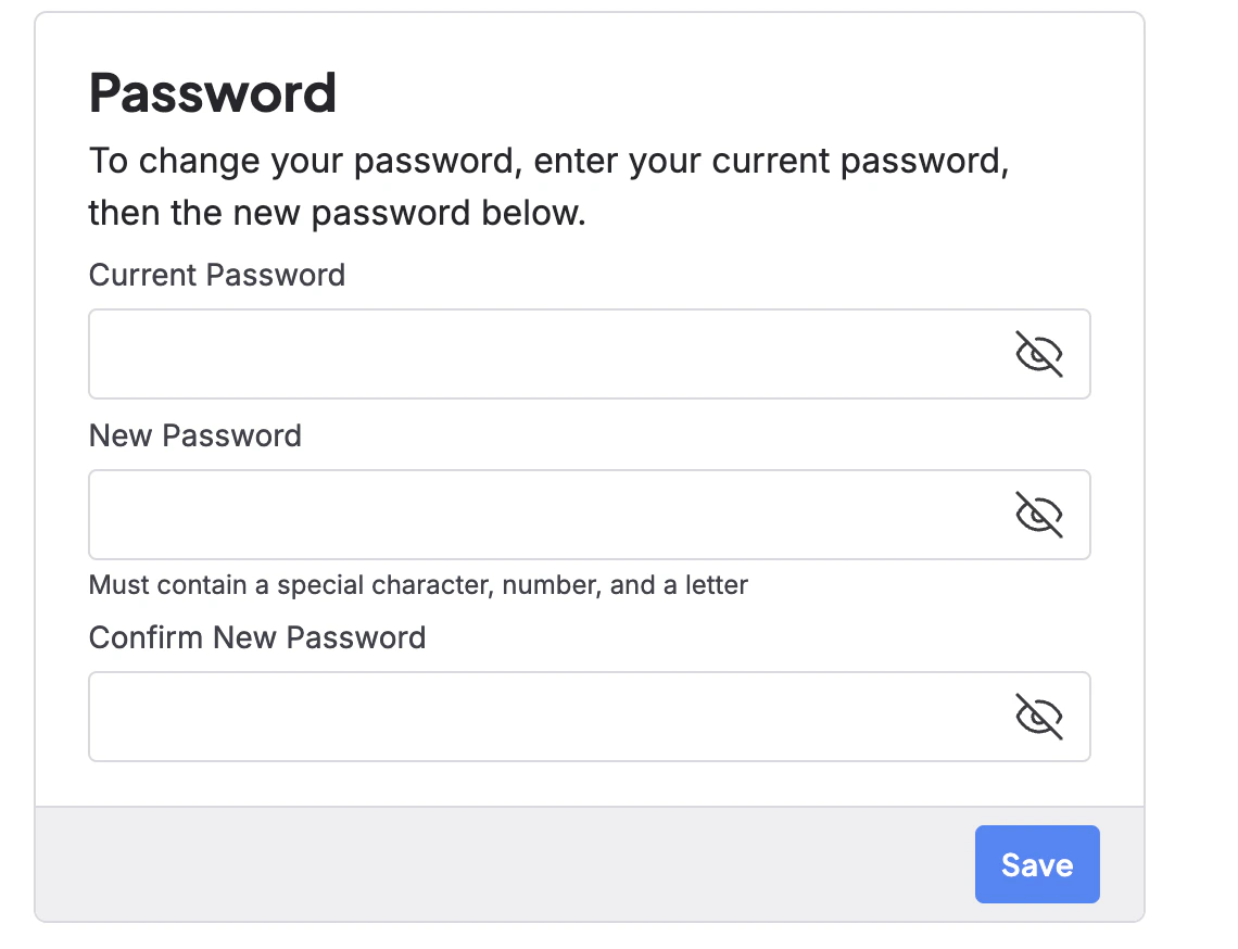 A section of a page where a user may enter their current password and a new one in order to change it.