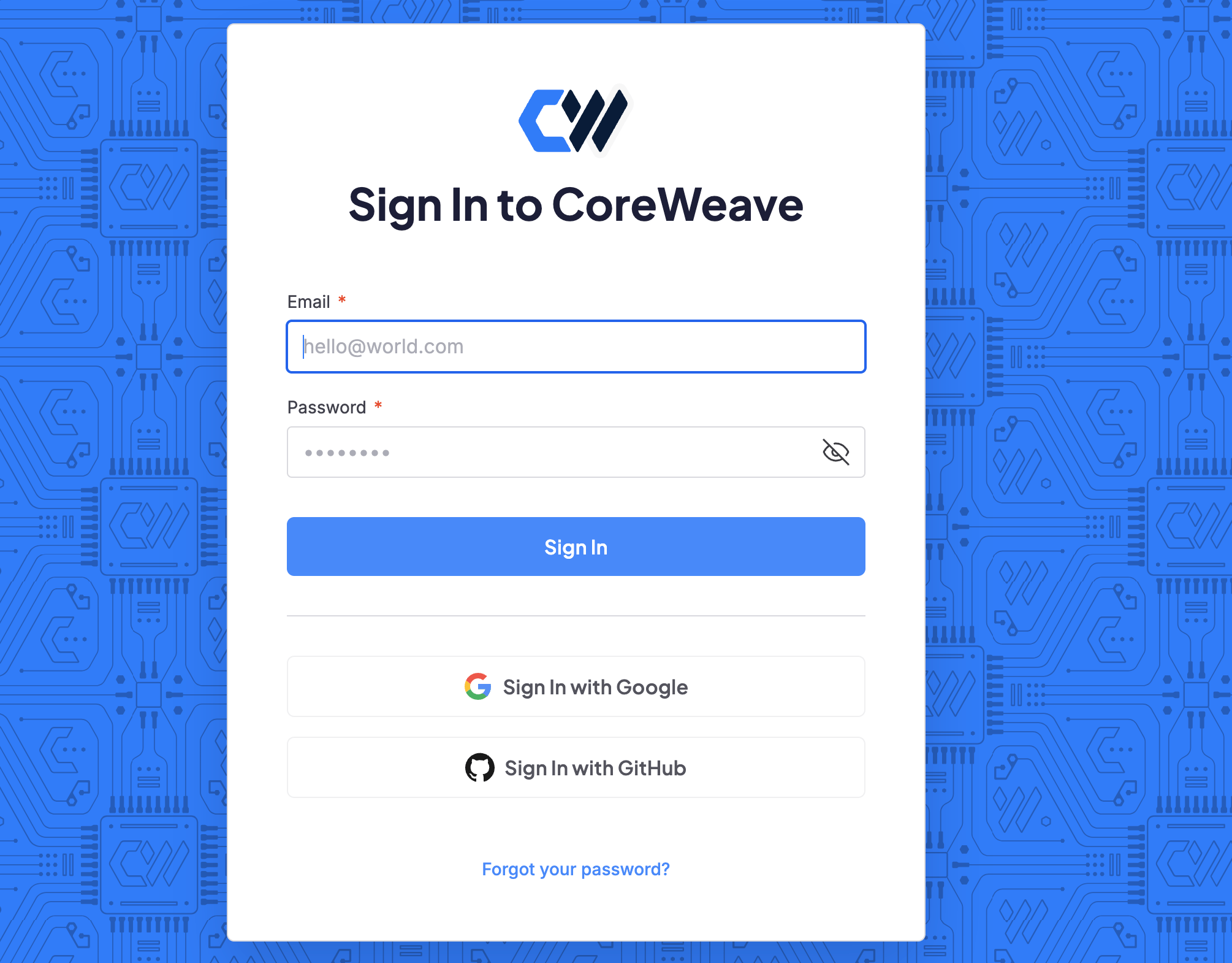 Blue sign-in screen that asks for user details