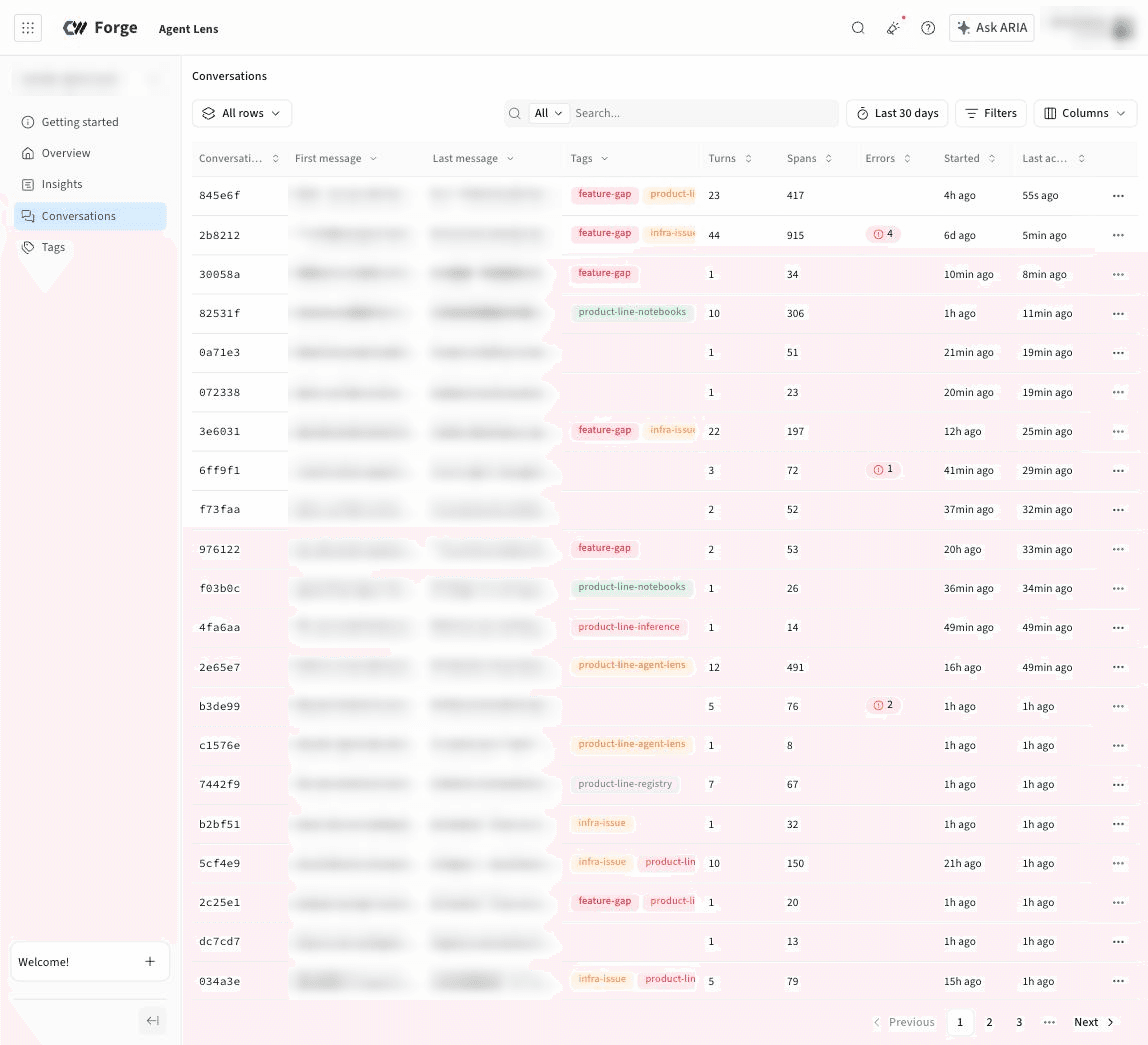 The Agent Lens Conversations tab, showing a table of conversations with their tags, turn and span counts, errors, and start and last-activity times.