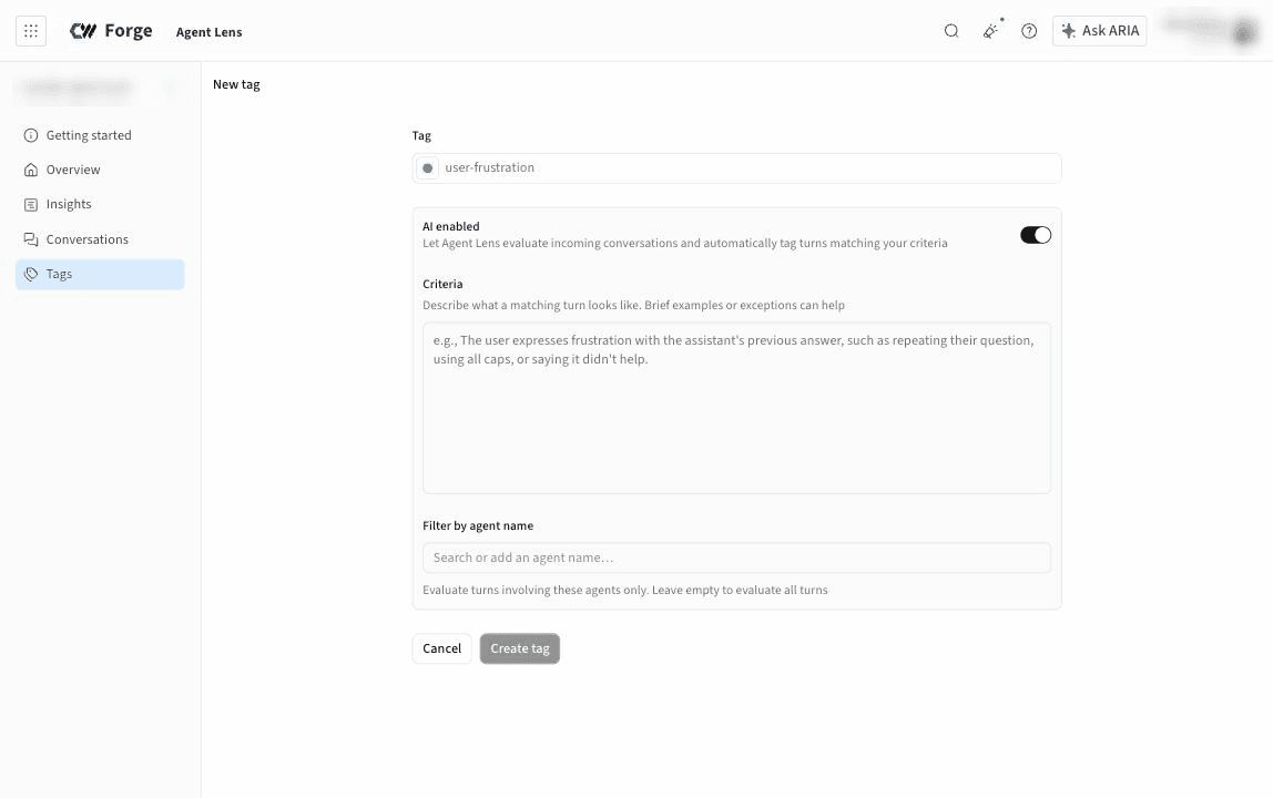 The New tag page with AI enabled turned on, showing the Tag, Criteria, and Filter by agent name fields.