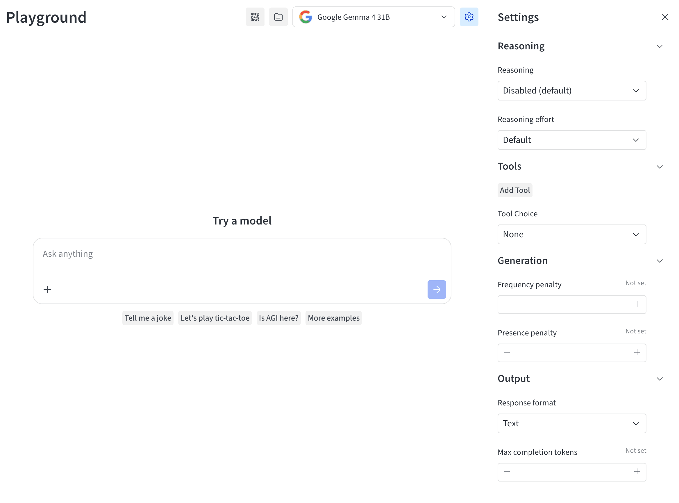 The Playground settings drawer showing the Reasoning, Tools, Generation, and Output sections
