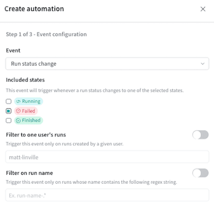 Capture d’écran montrant une automatisation de changement de statut d’un run