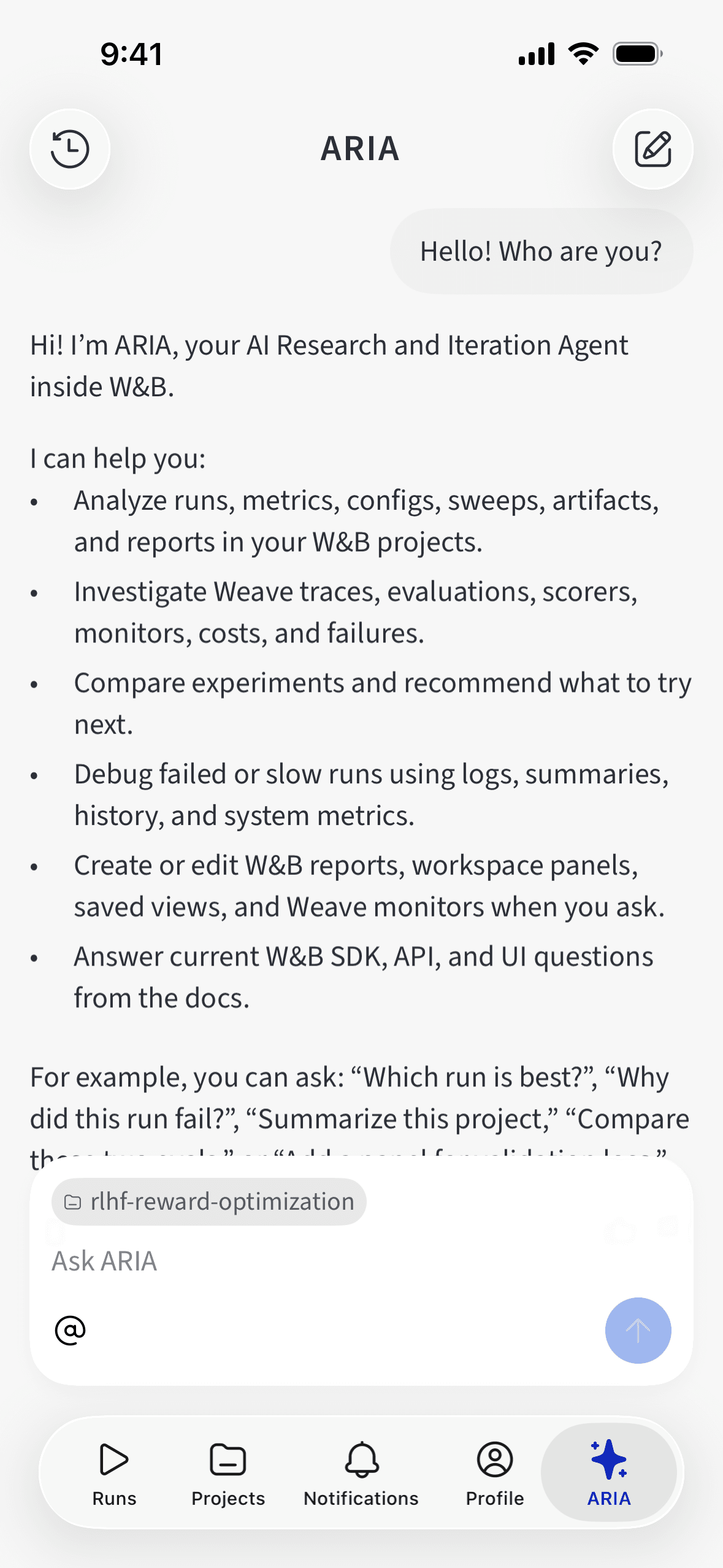ARIA tab and chat interface in the W&B iOS app