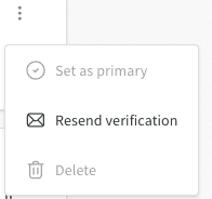 Le menu d’actions d’une adresse e-mail, avec les options Set as primary, Resend verification et supprimer