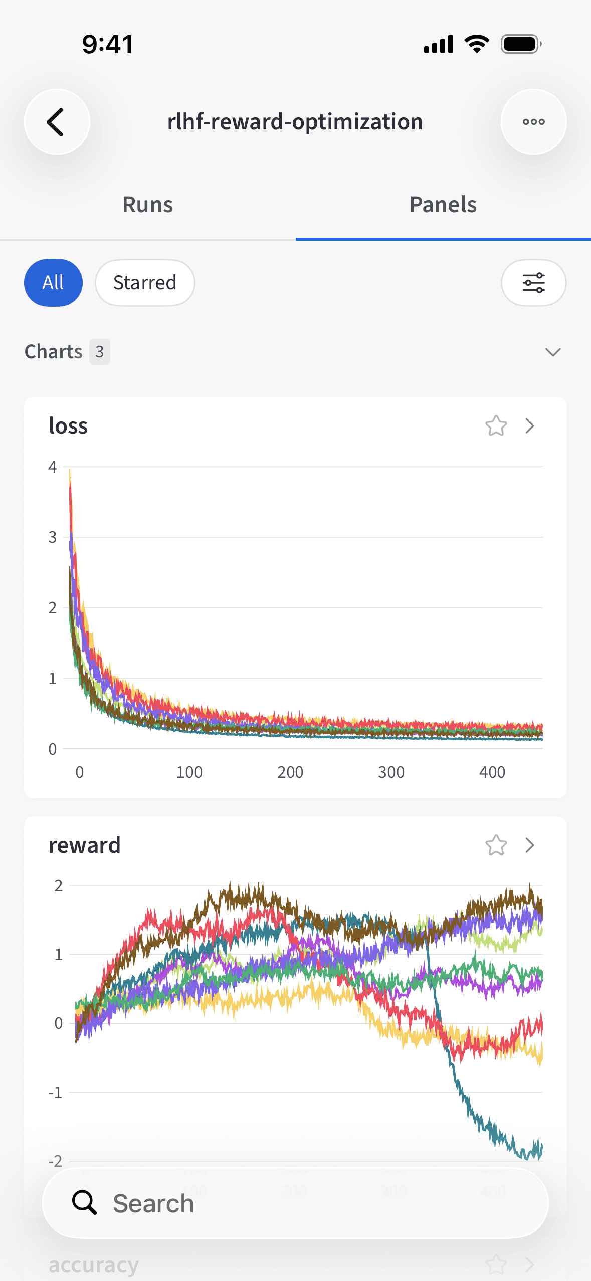 W&B mobile app project panel with metric charts