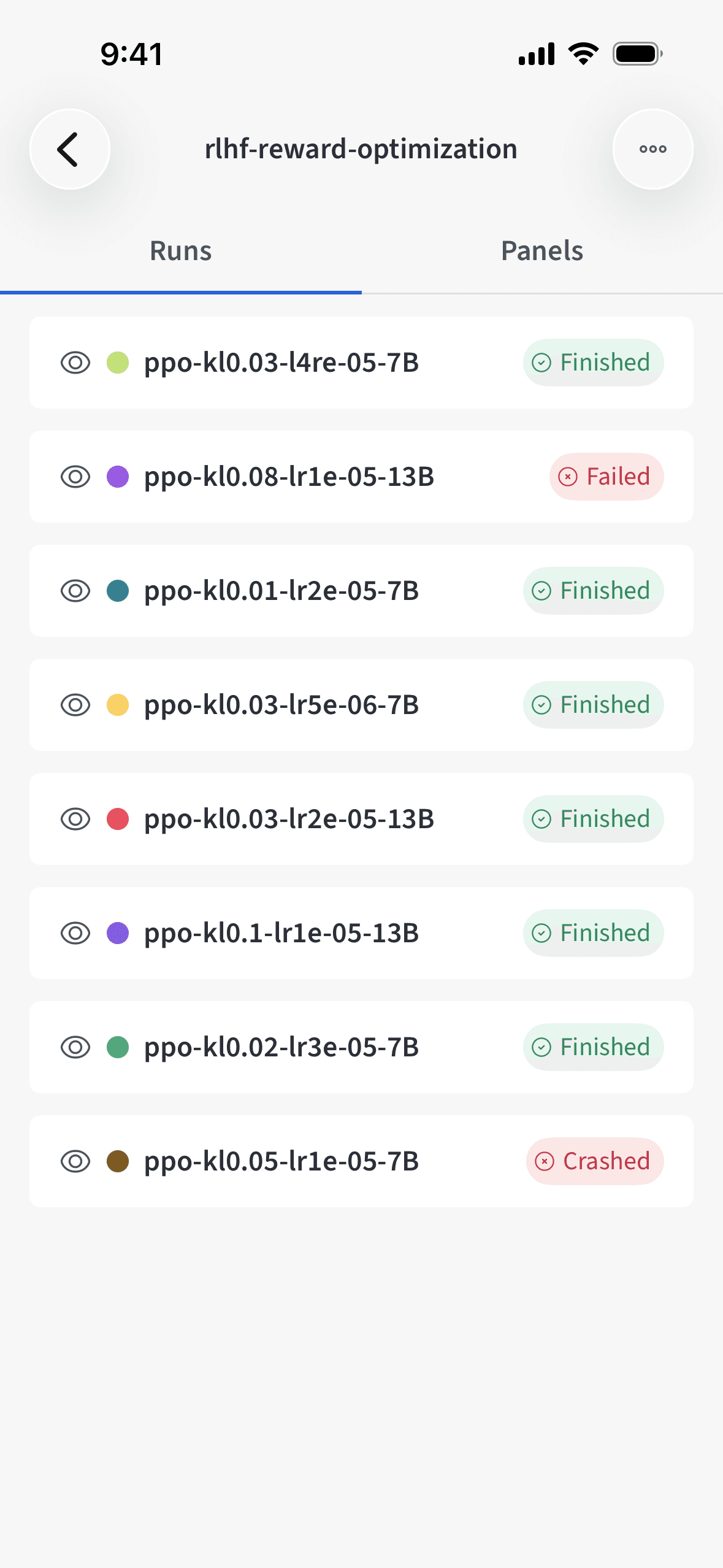 W&B mobile app runs list for a project