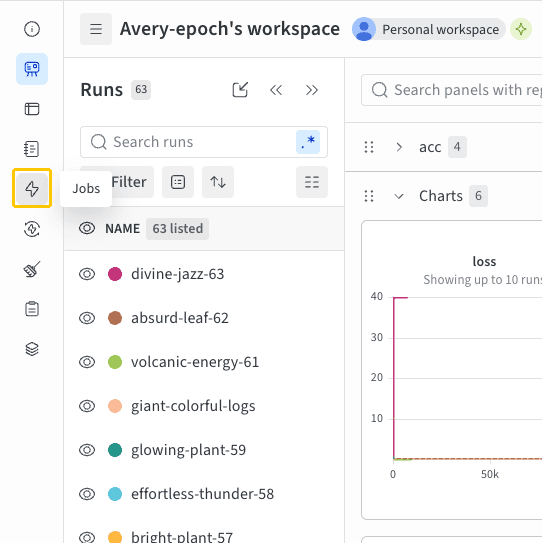 Forge のプロジェクトのサイドバー。Jobs アイコンが強調表示され、ツールチップが表示されている