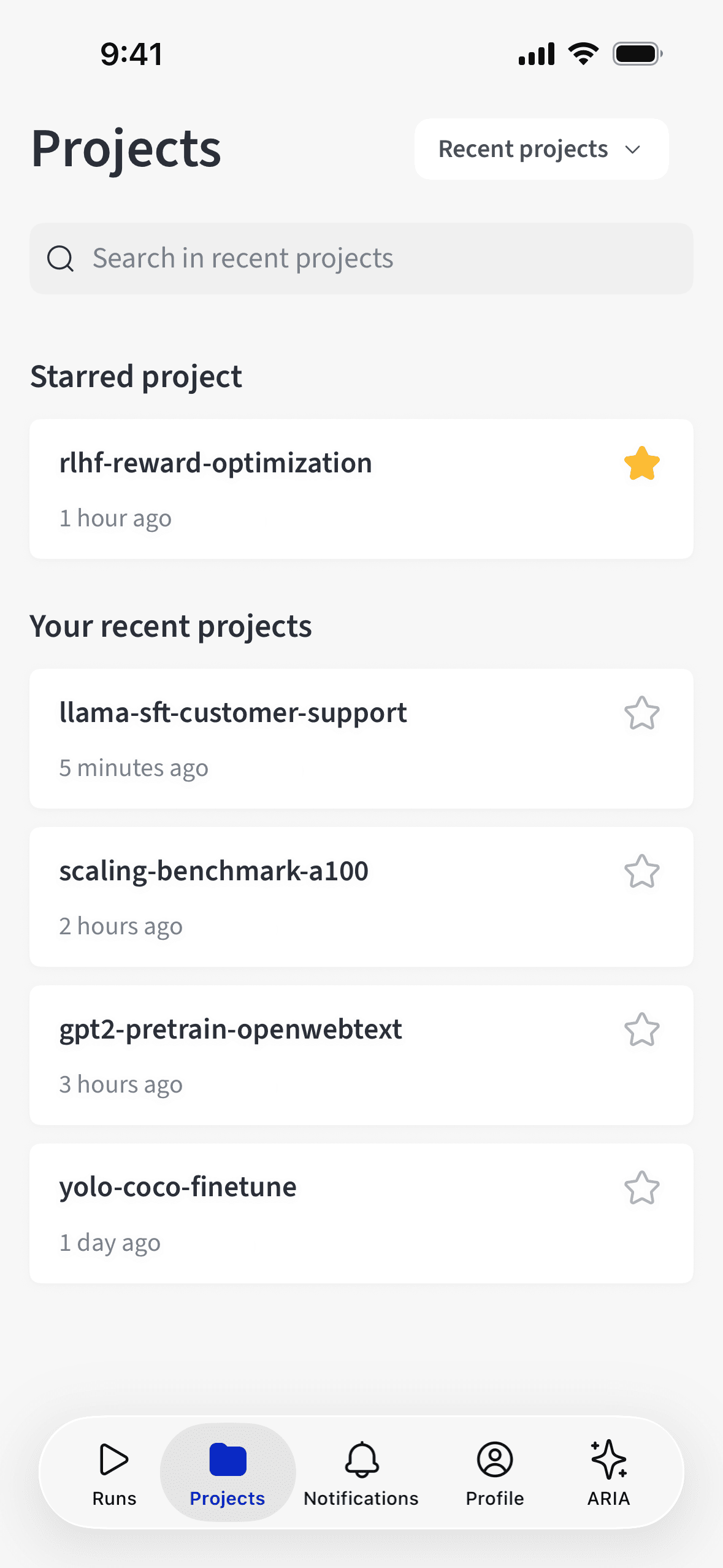 W&B mobile app Projects list and team picker