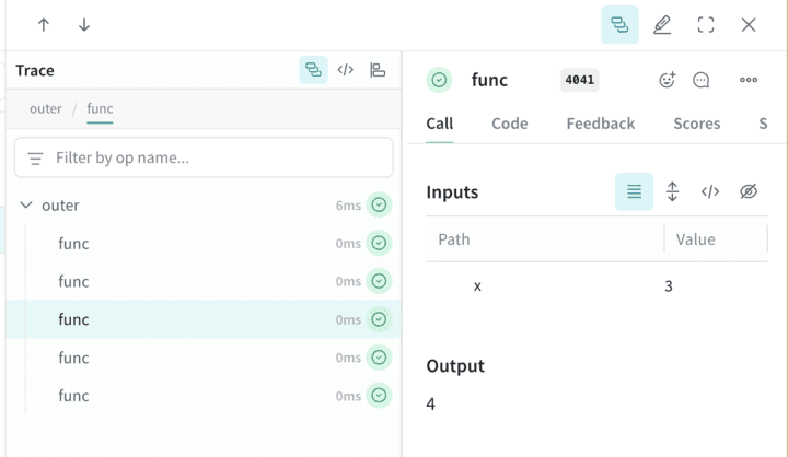 The Trace UI, showing a single parent Call for outer, with five nested child Calls.