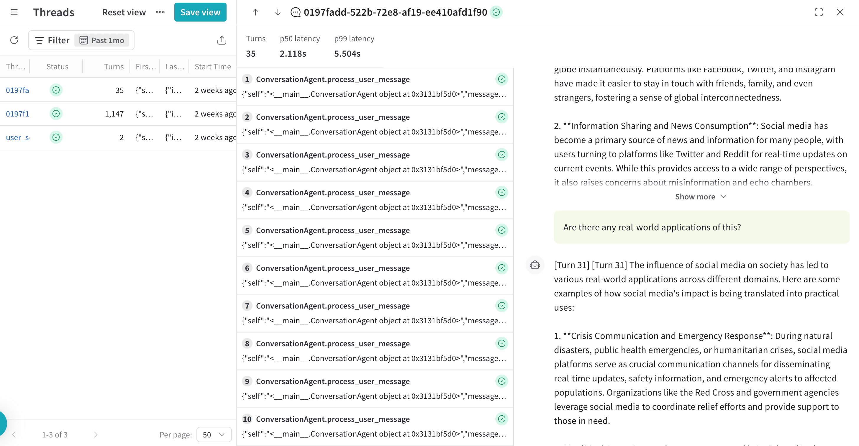 구조화된 LLM 메시지를 보여주는 Threads 채팅 패널