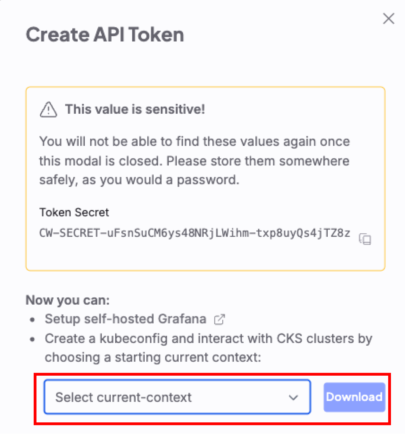 Create API Token dialog with current-context and download.