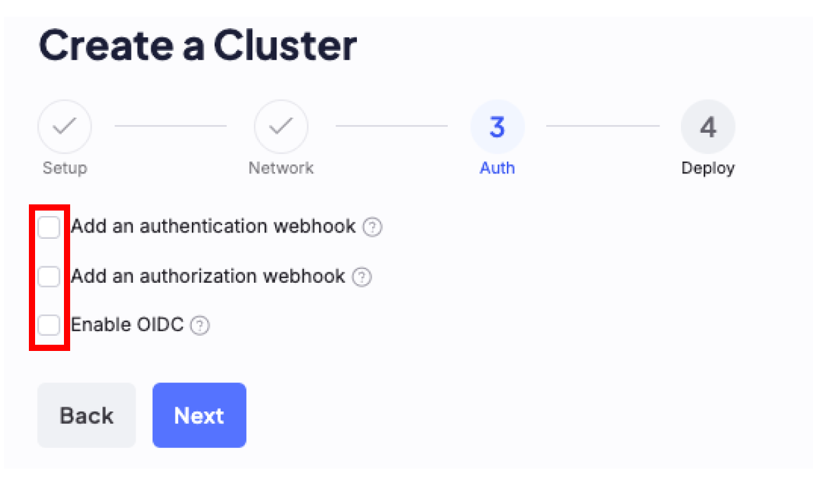 Cluster authentication options in the create cluster flow.