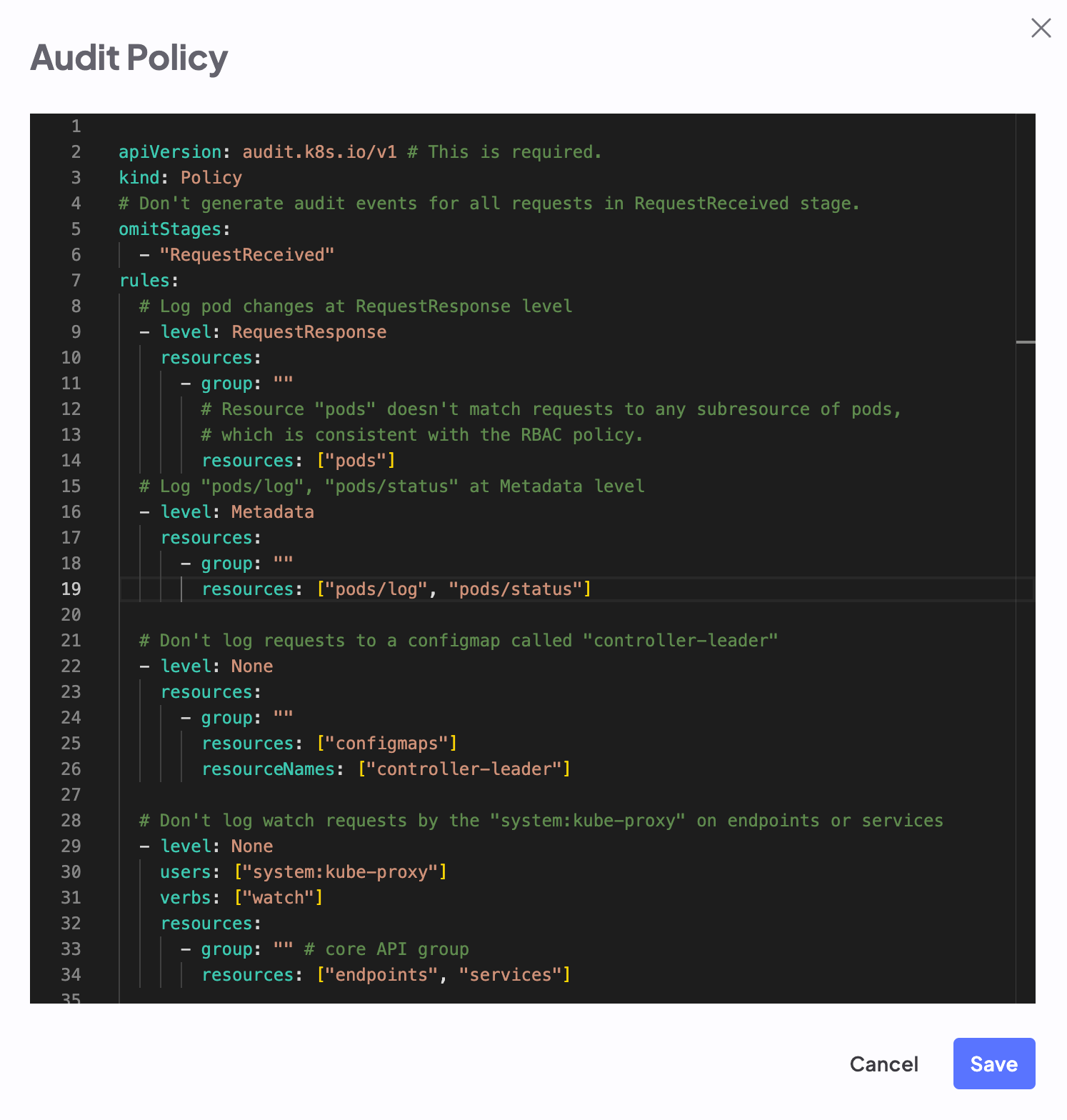 A screenshot of the Audit Policy editing window