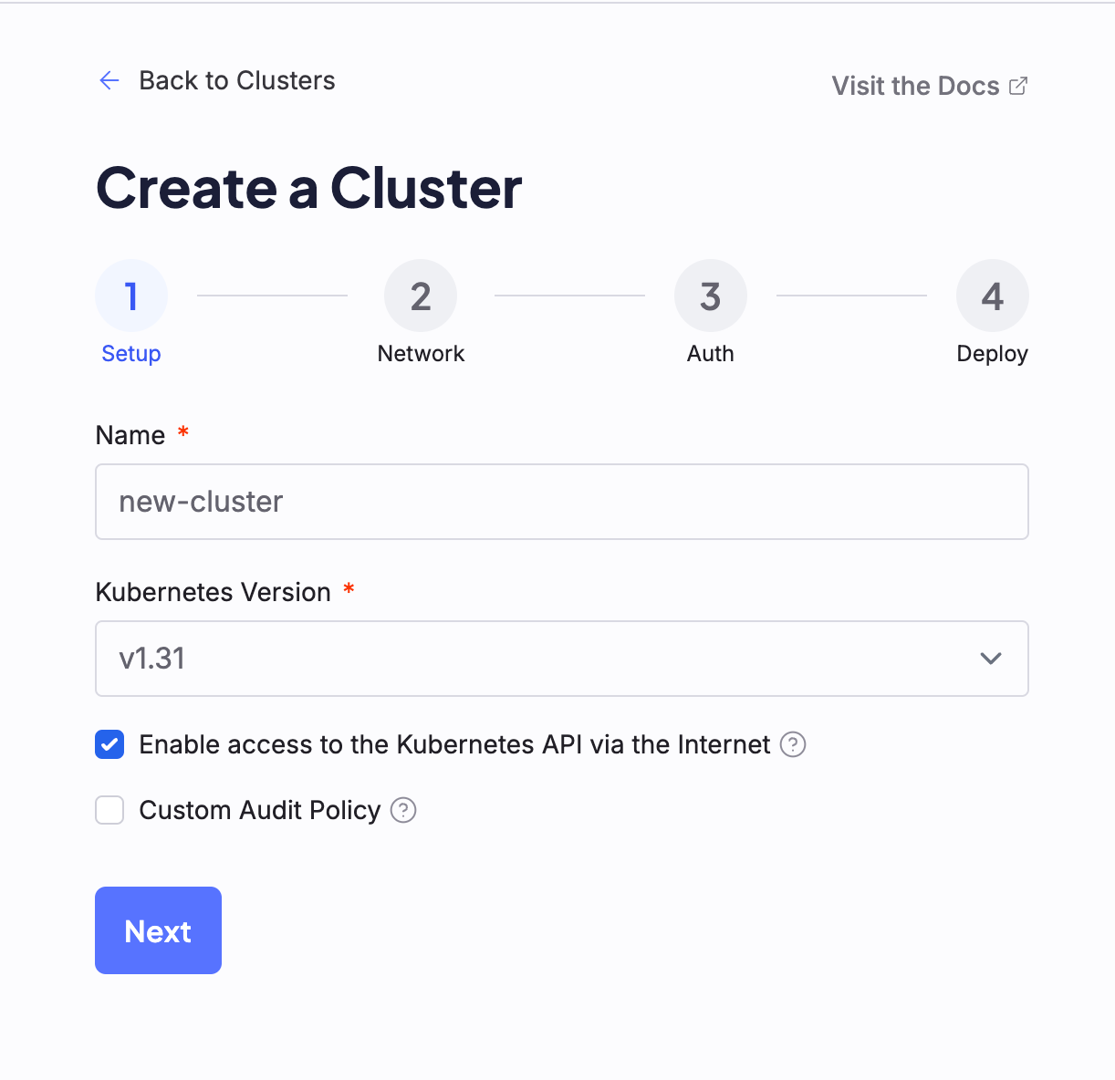A screenshot of the first step to creating a cluster, labeled "Setup"