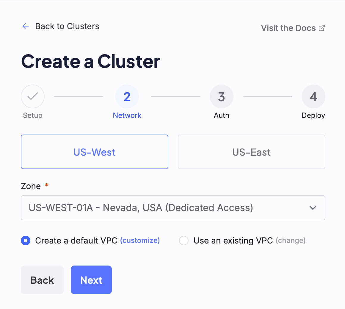 A screenshot of the second step to creating a cluster, labeled "Network"