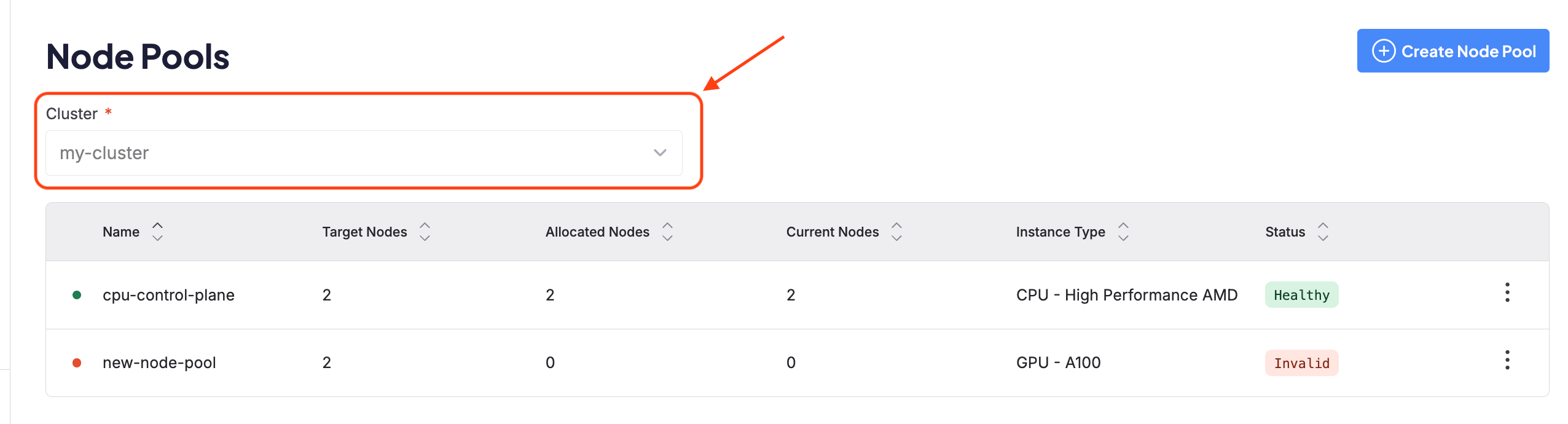A closeup of the cluster selection dropdown on the dashboard for creating and customizing Node Pools.