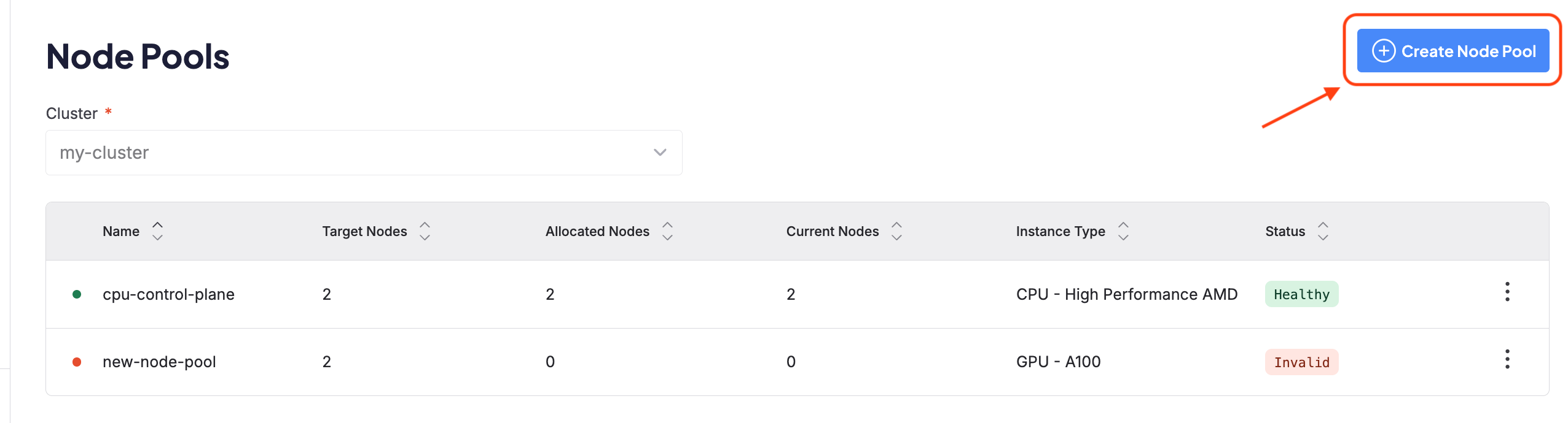The homepage of a user Cloud Console account with the Node Pools tab highlighted.
