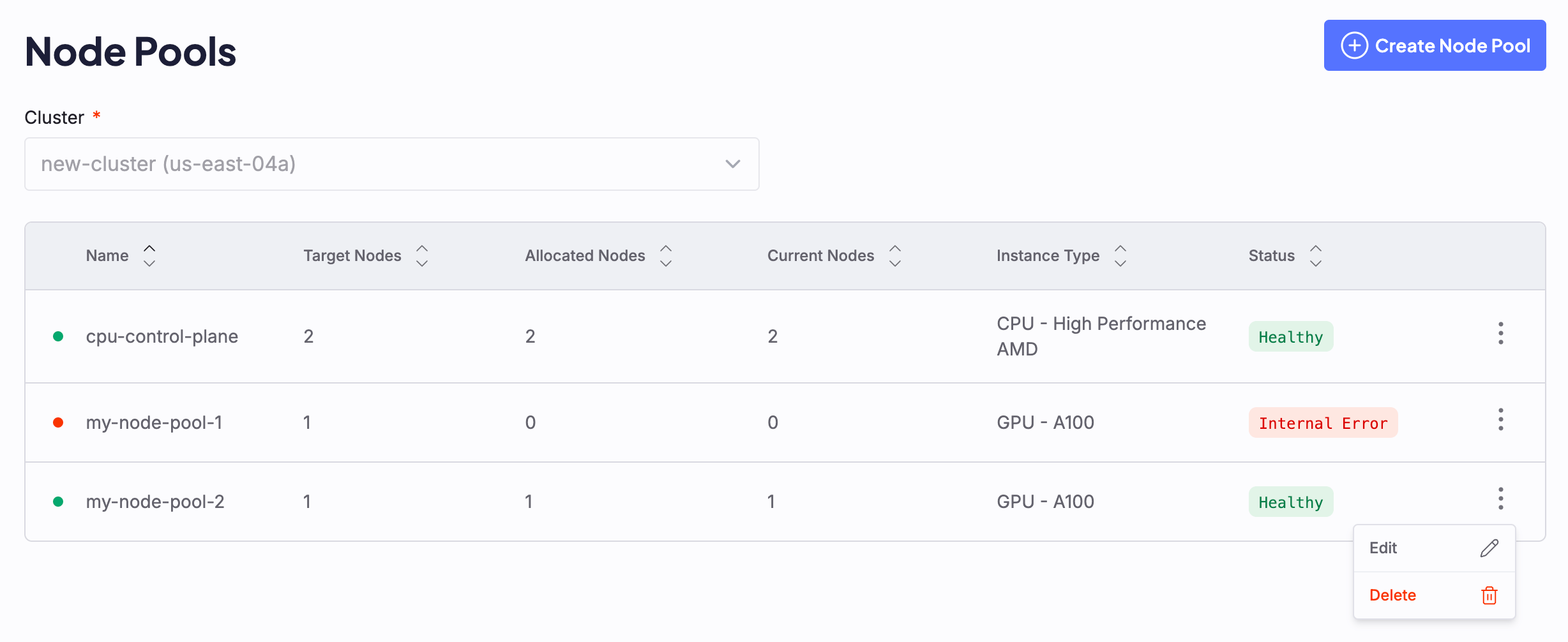 Screenshot showing the edit and delete modals open on the Node Pool dashboard.
