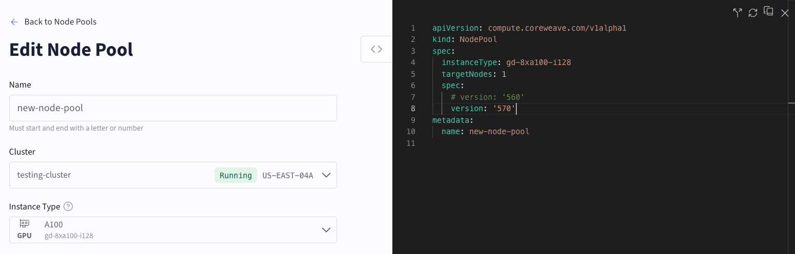Screenshot showing the Node Pool edit page with a GPU version change.