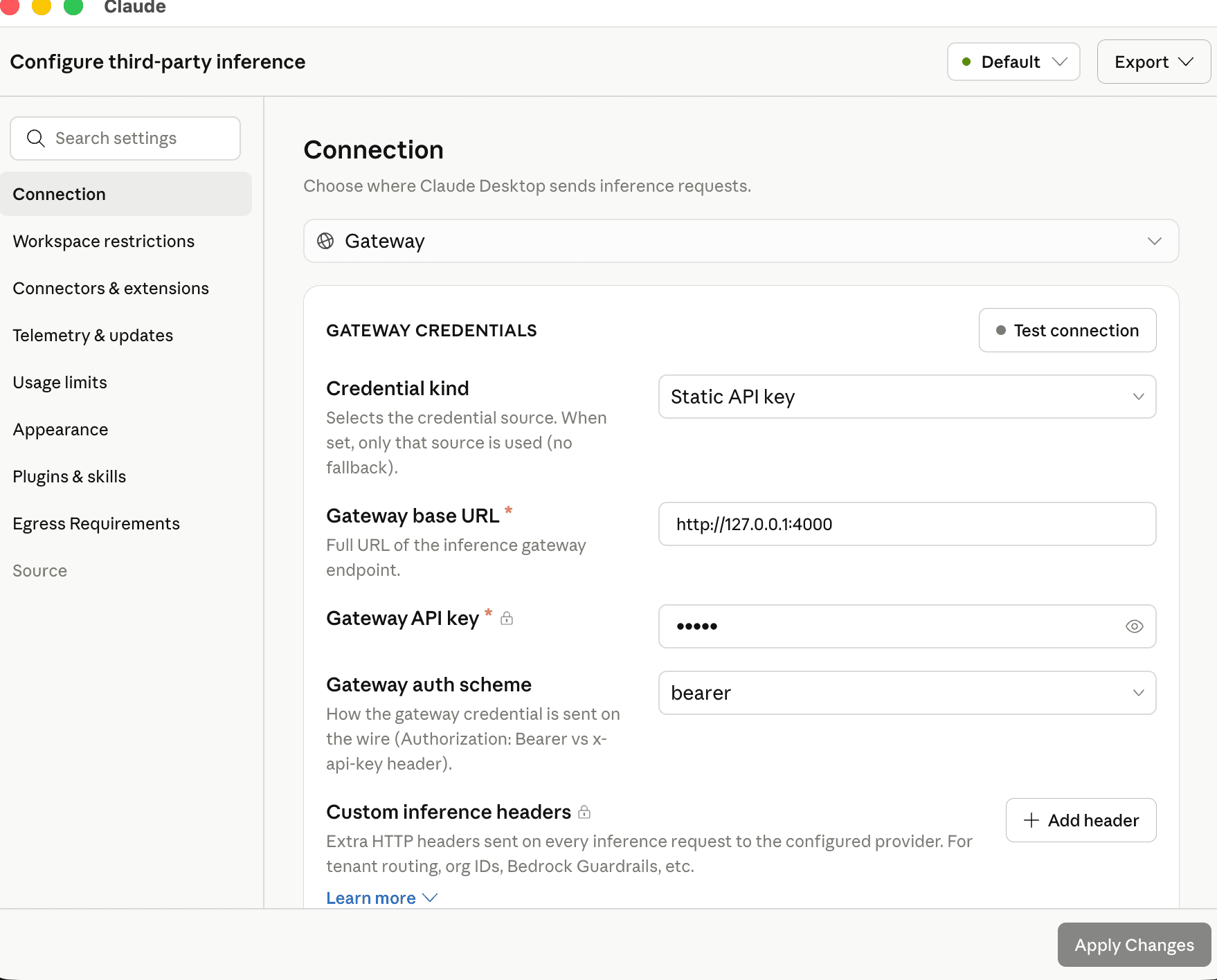 Claude Desktop third-party inference Connection panel set to Gateway with a static API key, base URL http://127.0.0.1:4000, and bearer auth scheme