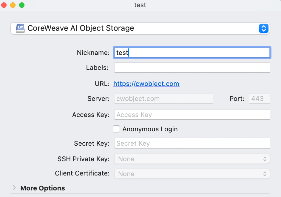 Cyberduck bookmark for CoreWeave AI Object Storage