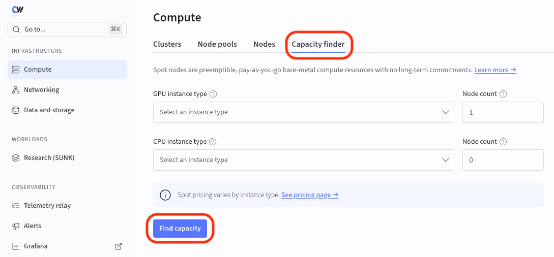 The Compute page with the Capacity finder tab and Find capacity button highlighted. The form shows GPU and CPU instance type dropdowns and Node count fields.