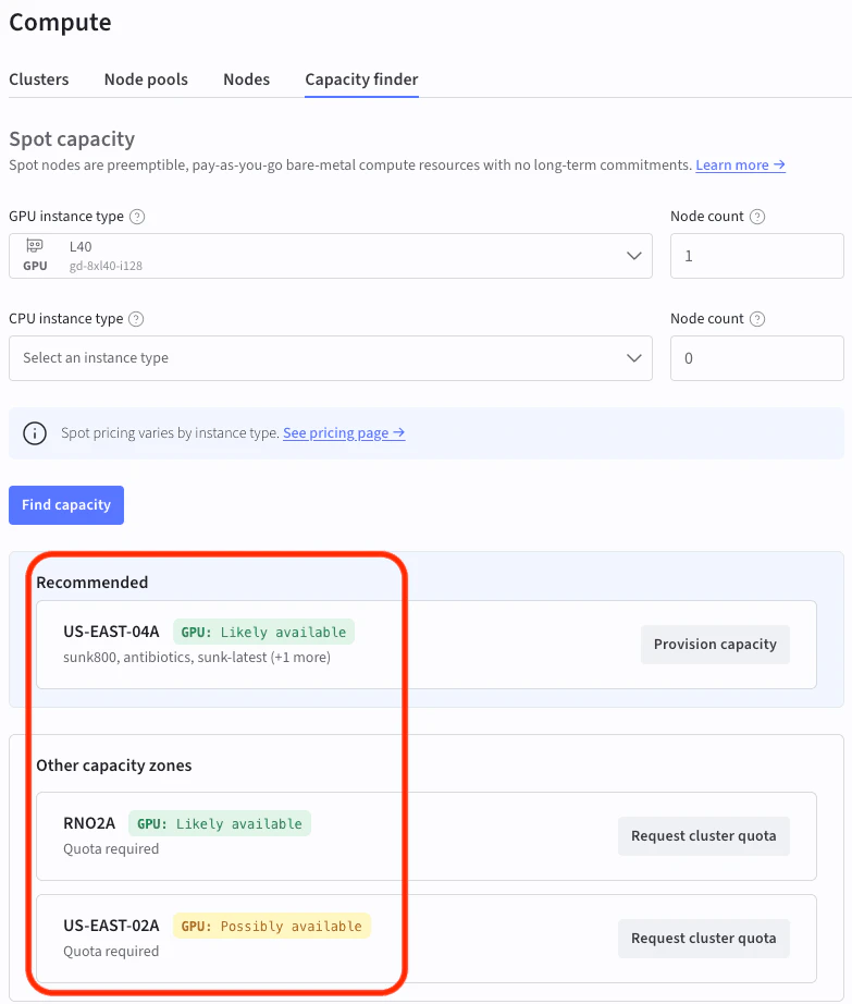 Capacity Finder results with the Recommended and Other capacity zones sections highlighted. The Recommended section shows US-EAST-04A with GPU: Likely available and a Provision capacity button.