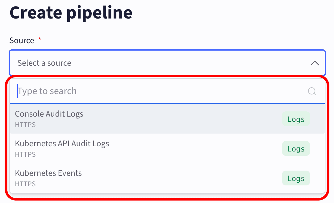 List of available telemetry streams in the Create pipeline source dropdown.