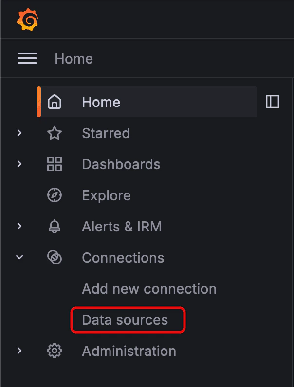 Grafana menu with data sources item indicated