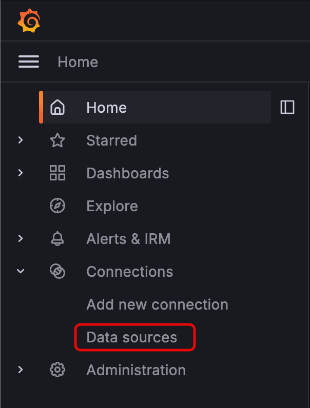 Grafana menu with data sources item indicated
