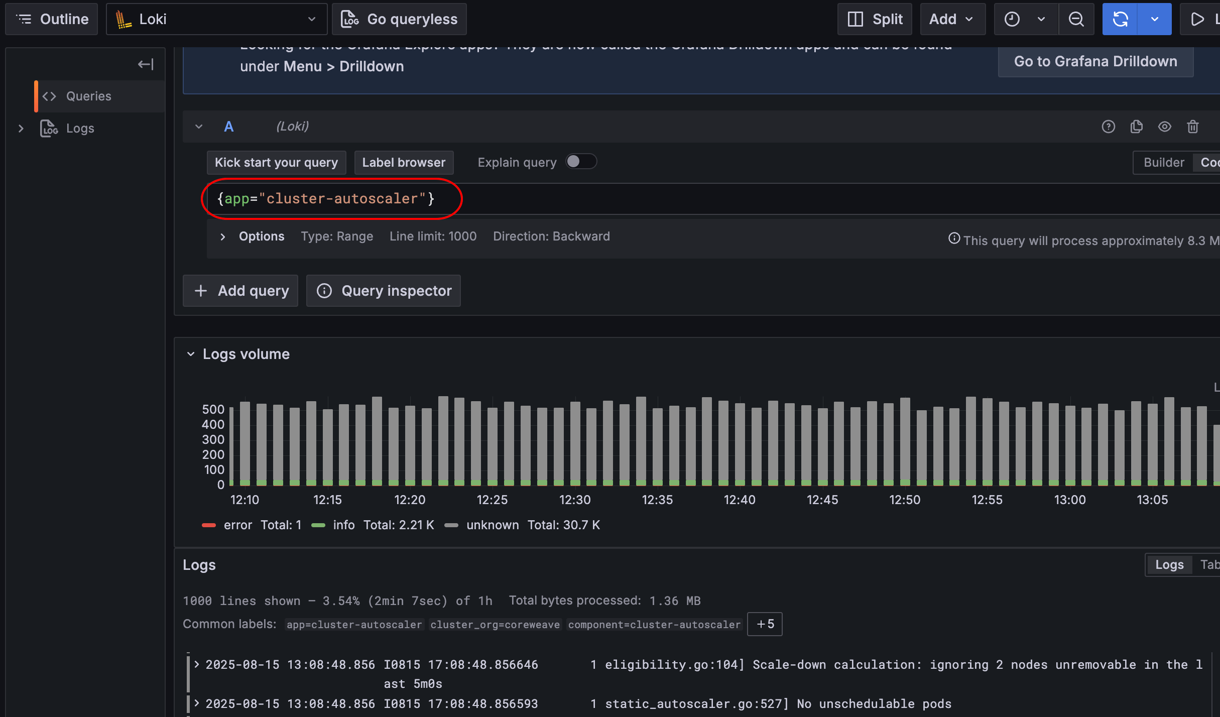 Grafana Explorer search for autoscaling logs