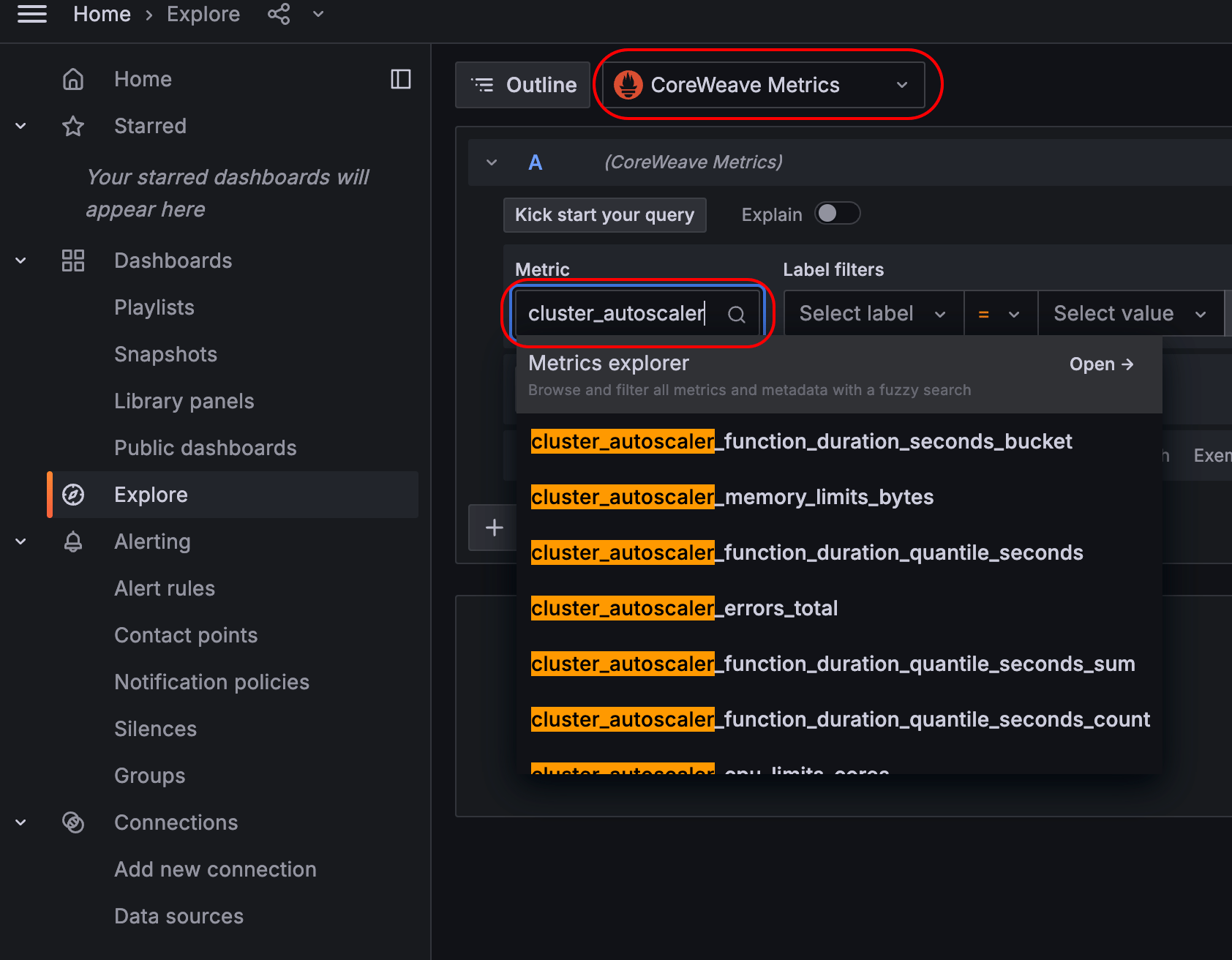 Grafana Explorer for searching autoscaling metrics