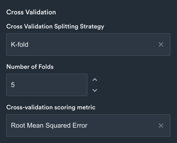 Cross validation options showing K-fold strategy, 5 folds, and Root Mean Squared Error scoring metric