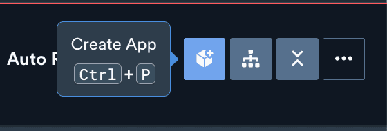 Create App button in the notebook editor with the Ctrl + P keyboard shortcut tooltip