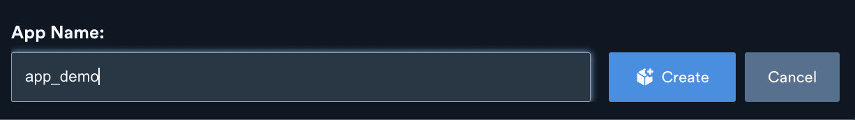 App Name field with a name entered next to the Create and Cancel buttons
