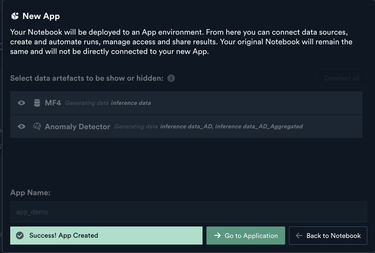 New App confirmation showing selected manipulators with Go to Application and Back to Notebook options