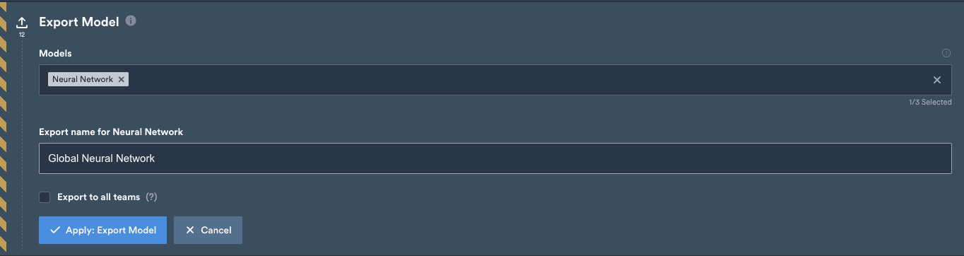Export Model step with Neural Network selected, an export name field, and the Export to all teams checkbox
