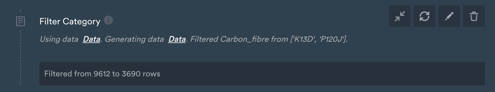 Filter Category step showing the filter summary and the message Filtered from 9612 to 3690 rows