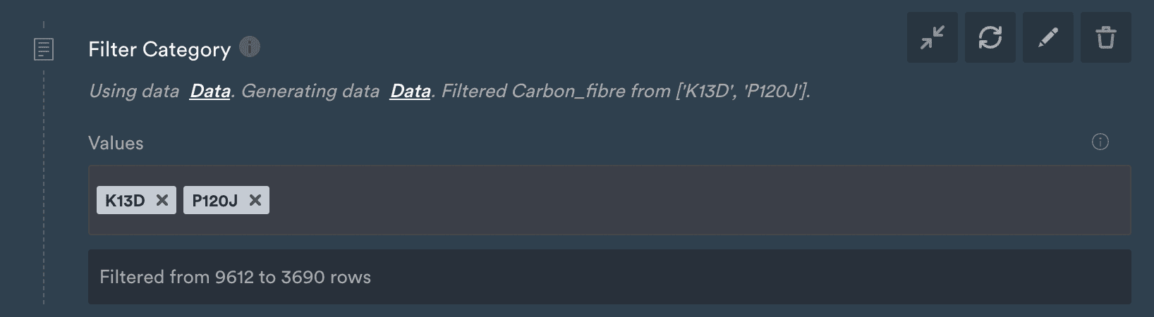 Interactive Filter Category step with the Values field exposed in the notebook showing two selected values