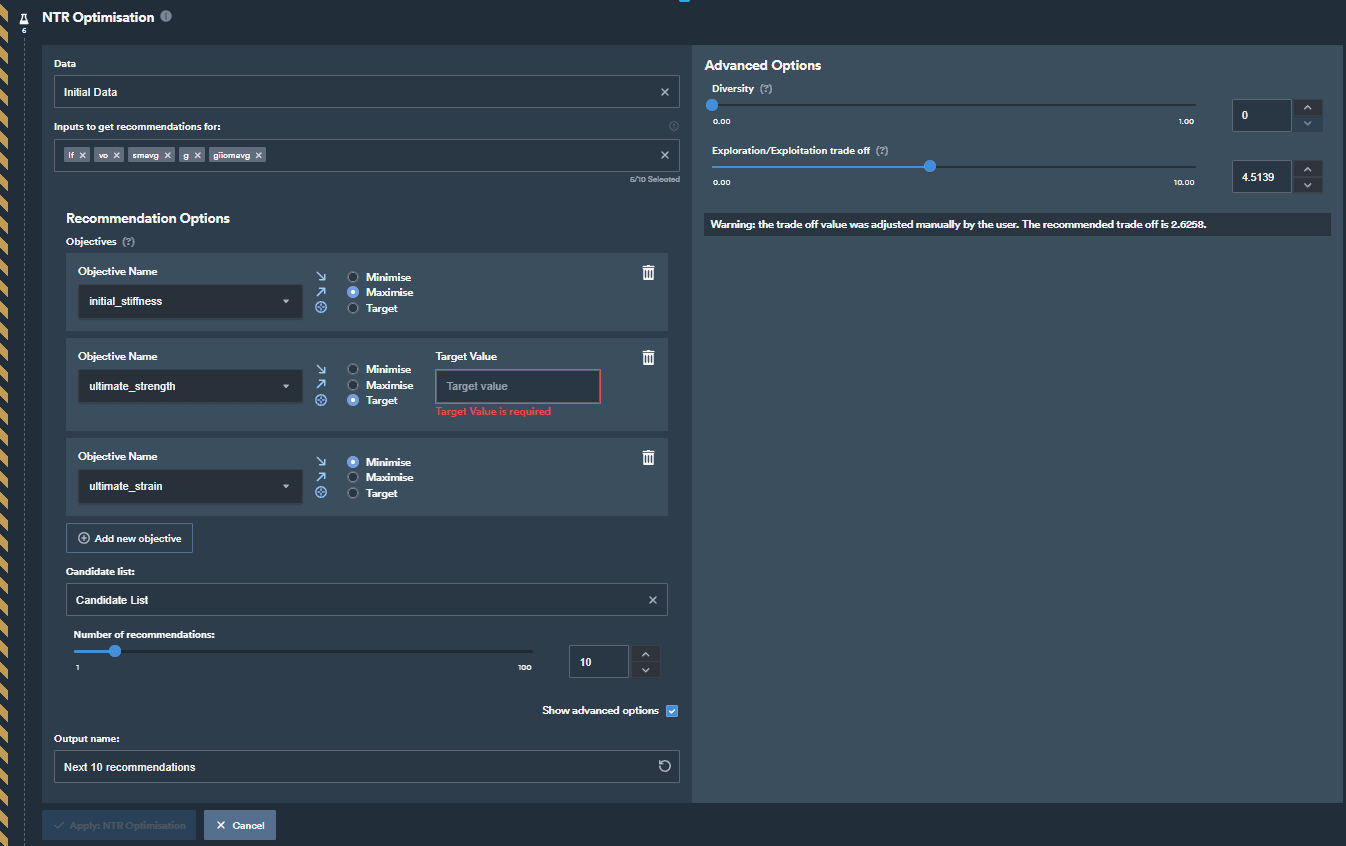 NTR Optimisation step configured with three objectives, a candidate list, and advanced options