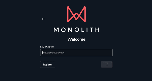 Monolith platform welcome page with the Email Address field and Register button